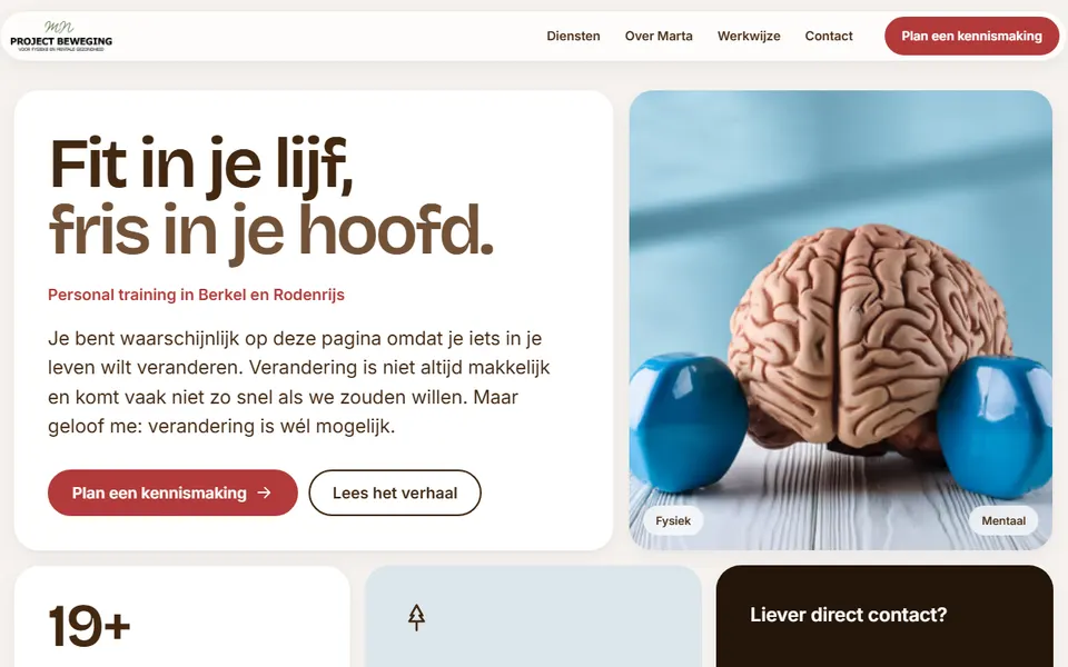 Voorbeeld van versie 3: moderne indeling met afgeronde kaarten, de tekst Fit in je lijf, fris in je hoofd en de hero-foto